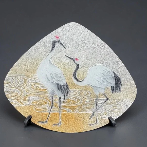 Ando Cloisonne Japanese Enamel Fan Plate Red Crowned‎ Cranes Silver Gold w Stand