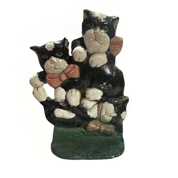 Cast‎ Iron  Cat Kitty Door Stop Bookend Hand Painted Tuxedo Bows Kitten Cat