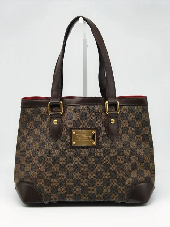 Louis Vuitton Brown Checkered Canvas Tote with Dark Brown Trim and Red Interior