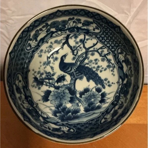 Vintage Blue and White Serving Bowl Made in Japan Peacock w/Cherry Blossoms 8.5