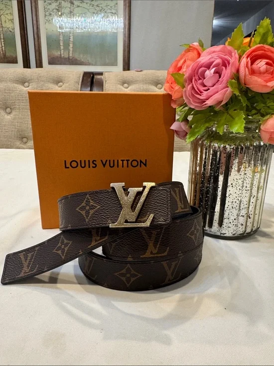 Authentic Louis Vuitton Monogram Brown Canvas Belt with Gold LV Buckle
