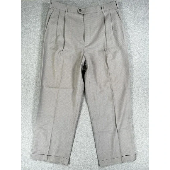 Zanella Austin Dress Pants Mens 35x28 Gray Check Pleated Cuffed Made In Italy