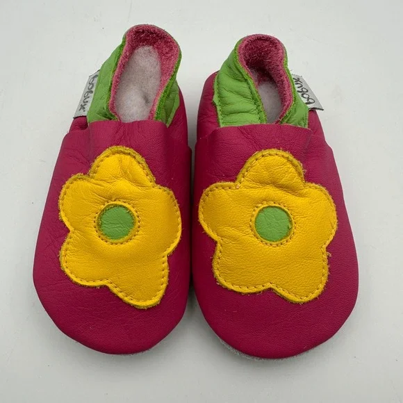 NEW Bobux Soft Sole Leather Baby Shoes Small Pink Yellow Flower Moccasins Infant
