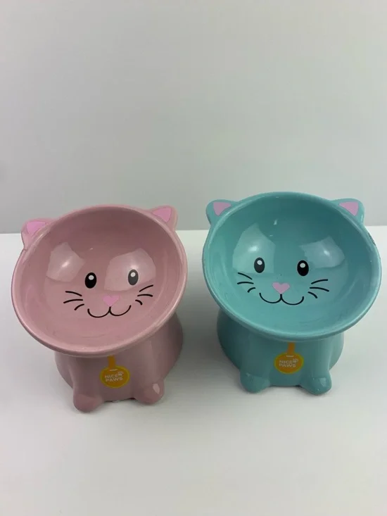 Nice Paws Ceramic Tilted & Raised Cat Bowls Lot Of 2 Pink Blue