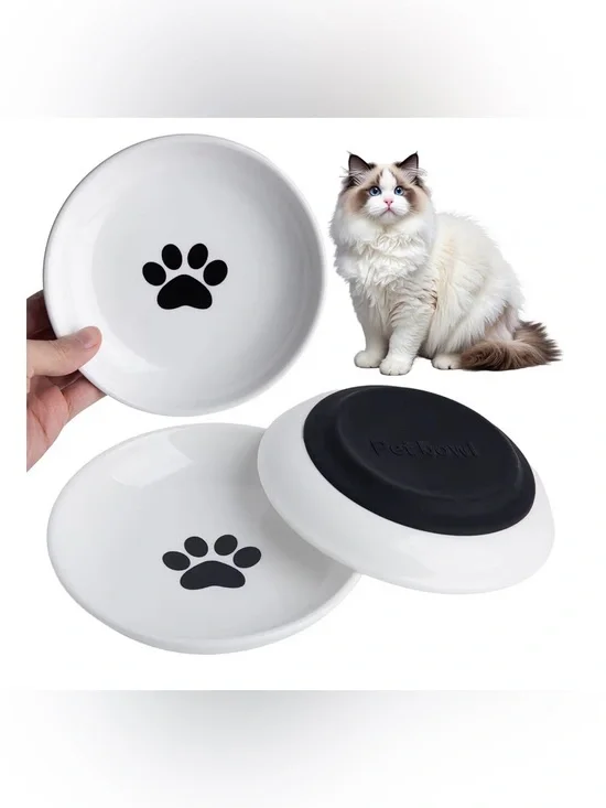 4 pack White Ceramic Cat Bowl with Black Paw Print - Non-Slip Pet Dish