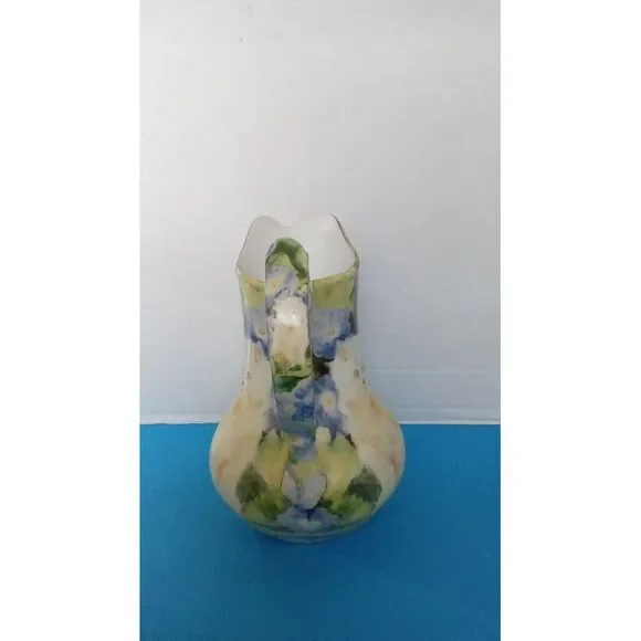 Vintage Hand-Painted Ceramic‎ Pitcher with Floral Design and Cat Motif Vase