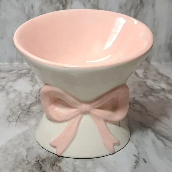 Mellow & Mod Pink /White Bow Cat Drinking Water Tall Bowl‎ Hand Painted