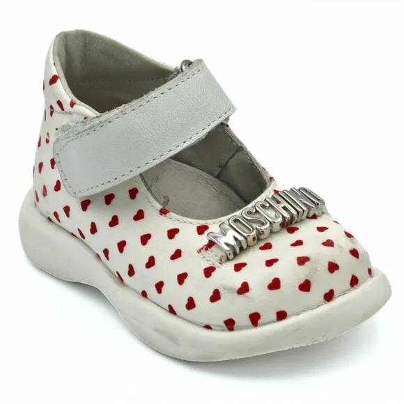 Love Moschino Kids Girls Mary Jane Shoes Size 18 (3.5K)White Red‎ Heart Designer