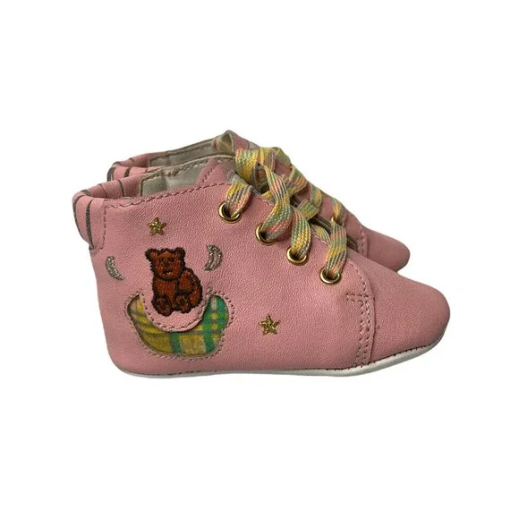 Vintage 1980s Girls Osh Kosh B'gosh Infant Pink Leather Hi Tops Baby Shoes Sz 1