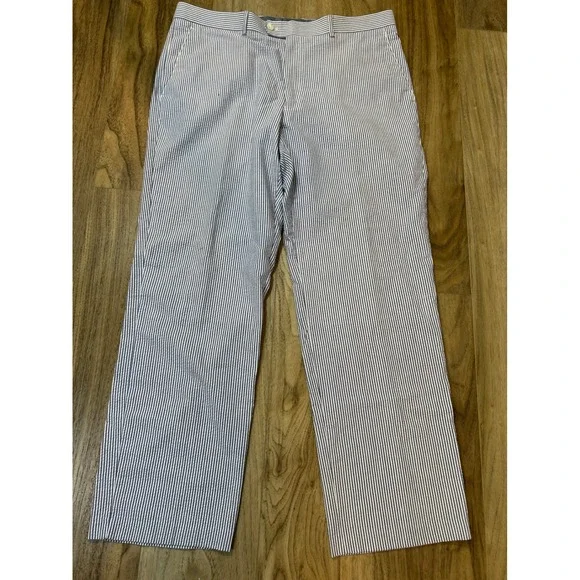 Alan Flusser Mens Seersucker Dress Pants Blue White Striped Cotton 38x30