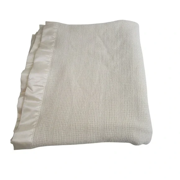 Faribo VTG Wool Blend Waffle Weave Blanket Satin Trim Cream Made in USA 83