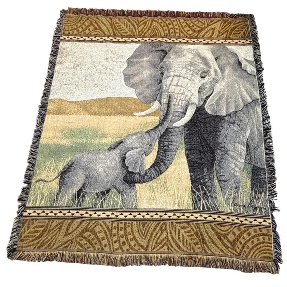 Vintage Laura Reagan Woven Tapestry African Elephant Mother Baby Safari Throw