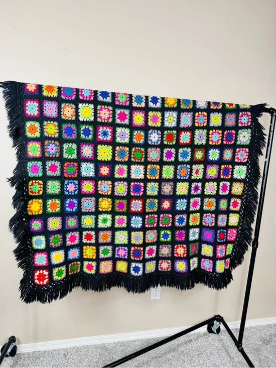 Vintage Granny square blanket black multicolor wool tight weave fringe trim EUC