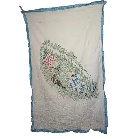 Vintage Hand Embroidered Baby Blanket Jack and Jill Nursery Rhyme Rare 60's 70's