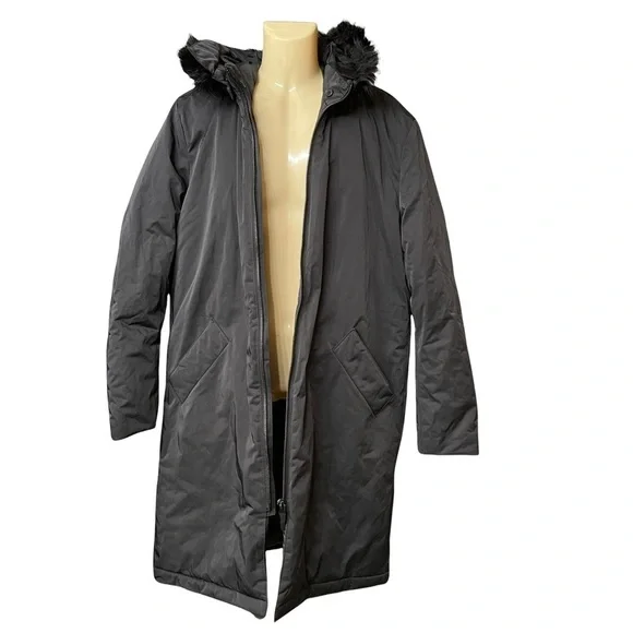 Zara‎ Man Black Faux Fur Hooded Zipper Front Windbreaker Coat Size M