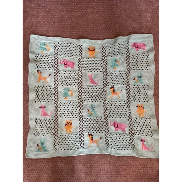 Vintage Handmade Crochet Baby Blanket Animal Cross Stitch Mint Green 34x31