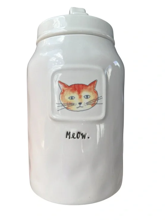 Rae Dunn Artisan White Ceramic Cat Treat Jar with Orange Cat Illustration - Meow