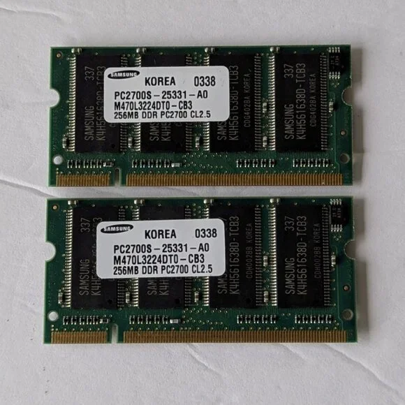 Two Samsung 256MB DDR PC2700S-25331-A0 333MHz  Memory M470L3224DT0-CB3 SoDimm