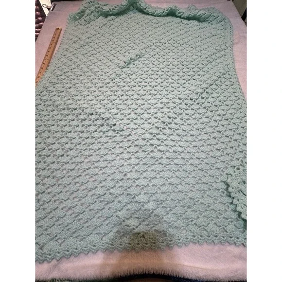 Vintage Aqua Hand Crocheted Soft Knitted Baby Blanket Throw Afghan Unisex 34x44