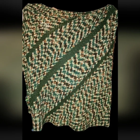 Handmade Camo‎ Crochet Blanket With 3 Green Stripes Approximately 62x62
