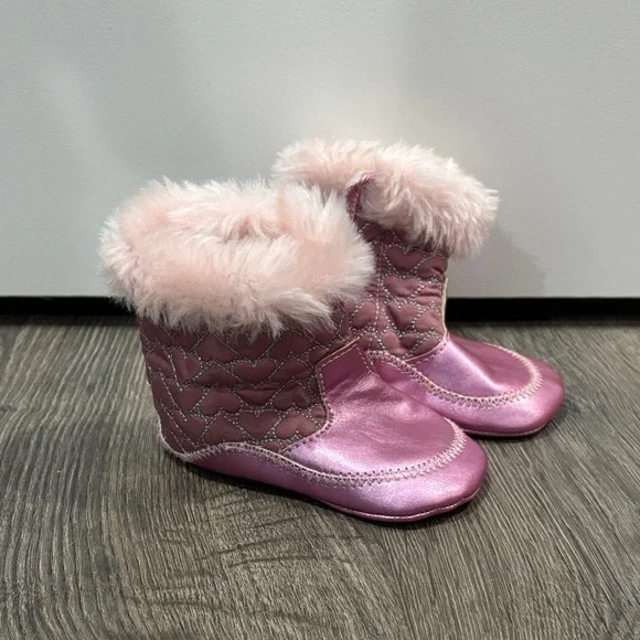Pink Baby Booties with Faux Fur Trim