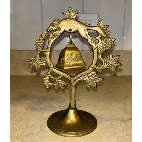 Vintage  Chinese Brass Animal and Fruit Tree Dinner Gong Bell w Serene Sound