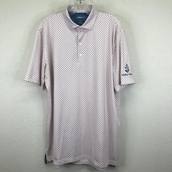 Johnnie-O Polo Shirt Mens L Blue Pink Dot Short Sleeve Stretch Winter Creek