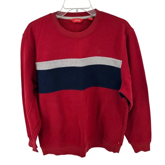 IZOD Mens Red Colorblock Stripe Crewneck‎ Sweatshirt Fleece Pullover Medium