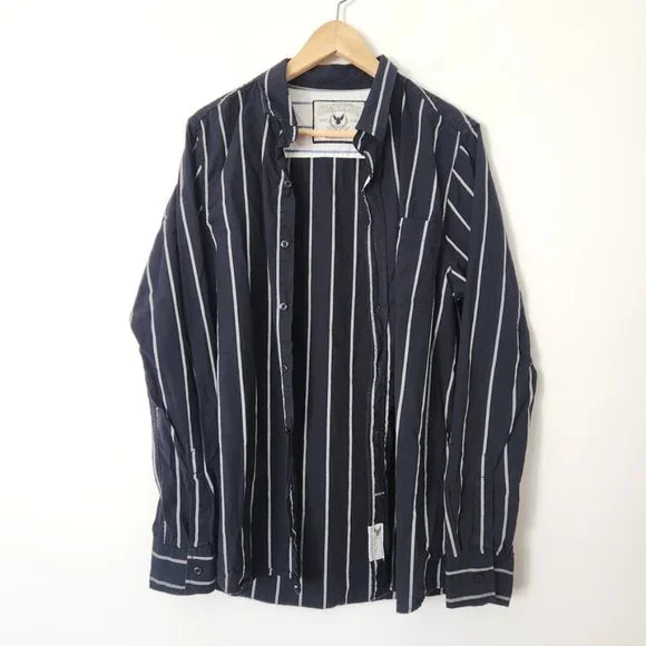 Y2K Striped Button Down Shirt Navy Blue White Men's Large Company‎ 81 Eagle Vtg