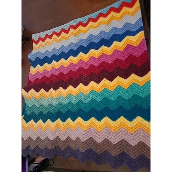Vintage Wool Throw Blanket‎ Rainbow Crochet 64