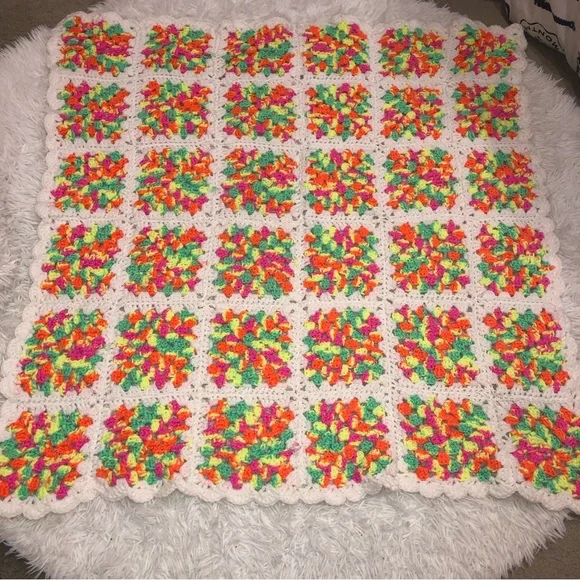 Handmade Crochet Blanket Granny Squares Bright Multi Color Blanket 35” x 34”