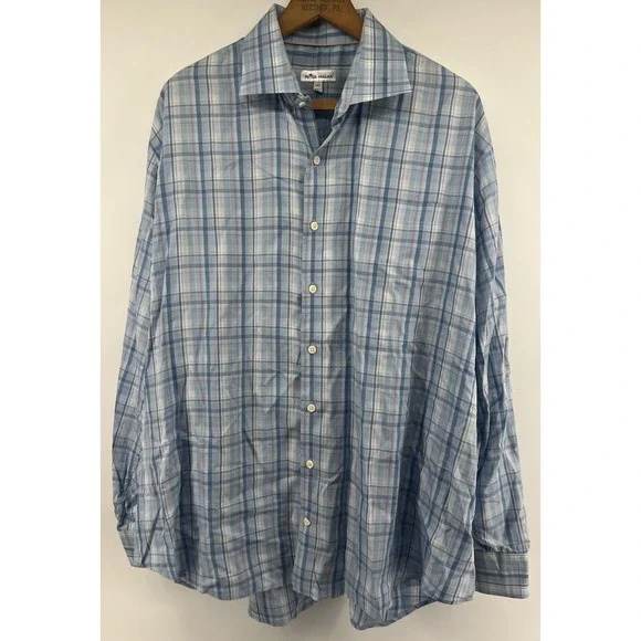 Peter Millar XXL Cotton Silk Blend Button Front Shirt Plaid Long Sleeved Blue