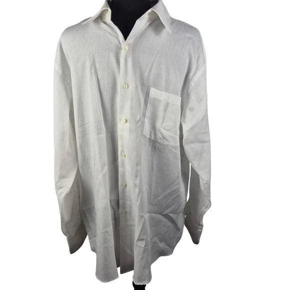 Van‎ Heusen White Dress Shirt Mens Fitted Large Textured Stripe Button Down