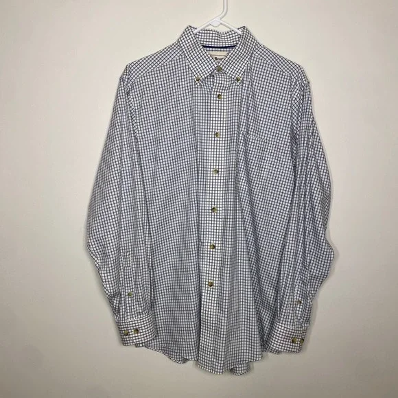 LL‎ Bean Mens Medium Blue Check Windowpane Long Sleeve Button Down Pocket Cotton