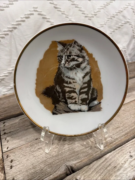 Vintage Made in Japan Tabby Cat Decorative Wall Plate Gold Trim 7” Kitten Decor