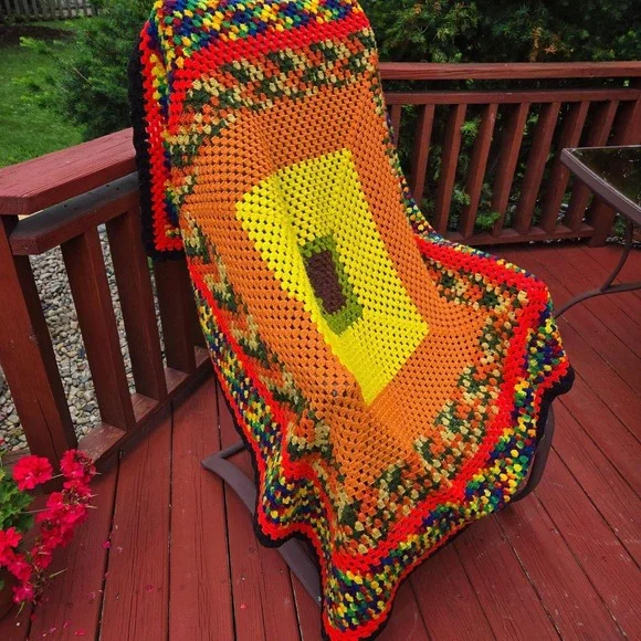 Variegated Crochet Granny Square Afghan Orange Yellow Granny Core Cottage Core