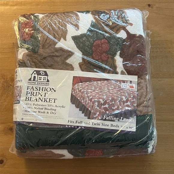 Vintage USA Home Designs Falling Leaves Blanket Twin Full 72x90 NIP NOS Rustic
