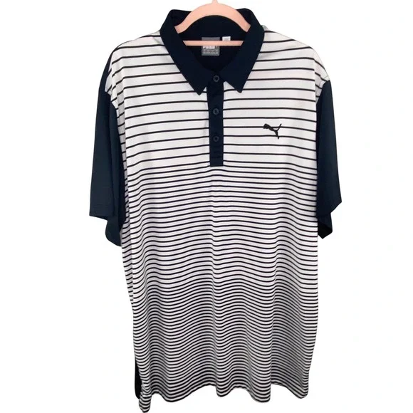 Puma Striped dryCELL Polo Shirt Mens‎ XXL Navy White Short Sleeve Athletic