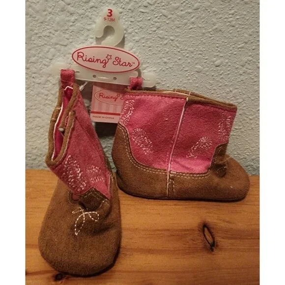NEW Rising‎ Star Cowboy Cowgirl Soft Sole Boots Pink/Brown Infant Sz 9-12 Months