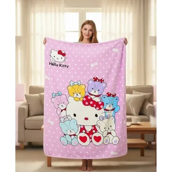 Sanrio Hello Kitty Blanket Kids Pink Polka Dot Teddy‎ Bear Flannel Blanket Anime
