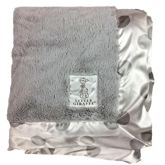 Little Giraffe Plush Gray White Polka Dot Satin Trim 32x36 Baby Blanket Soft