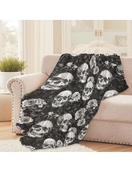Black Skull & Rose Plush Throw Blanket. 50X60