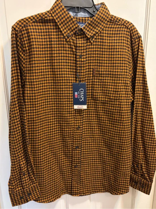 NWT Chaps Men’s Orange and Black Check Button-Down Shirt w/Pocket - Size M (007)