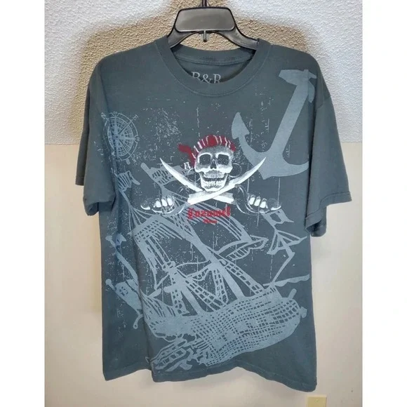 B&R Bani & Rajku Mens Cozumel‎ Mexico Pirate Skull Ship Graphic T-Shirt Gray L
