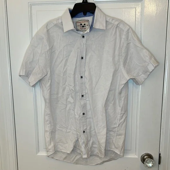 Report Collection White Linen Blend Short Sleeve Button Down Shirt size M EUC‎