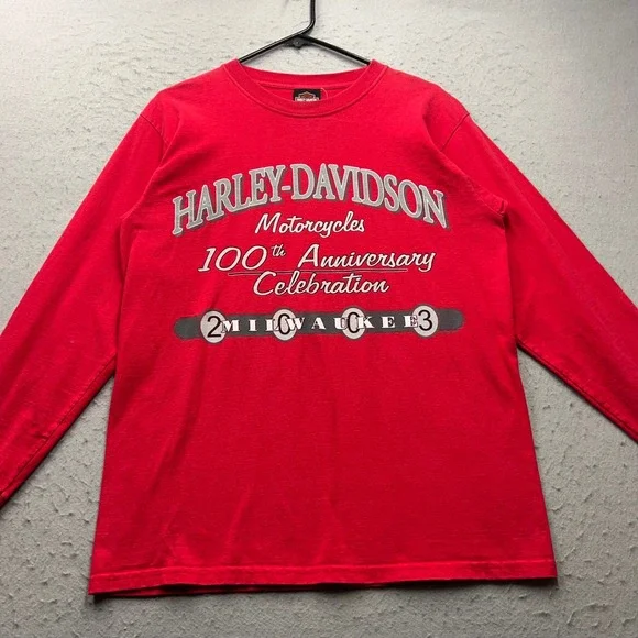Harley Davidson 100th Anniversary Milwaukee Long Sleeve Shirt Red Mens Medium