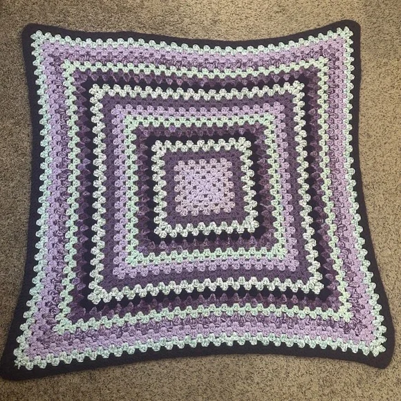 Crochet Granny Square Blanket Purple Mint Green Throw 44x44 Vintage Style