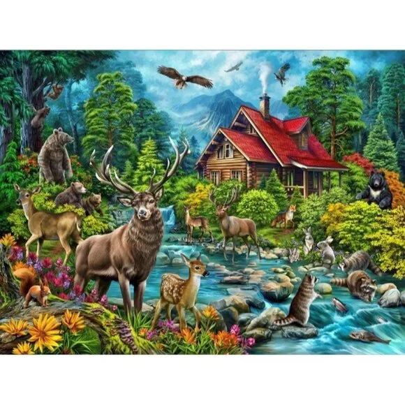 New Deer Forest Throw Blanket Wildlife Scene Fawn Bear Cabin Plush Outdoors NIP