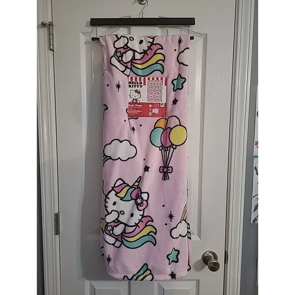 Sanrio Hello Kitty 50x70 Pink Unicorn Balloons Rainbows Clouds Throw Blanket New