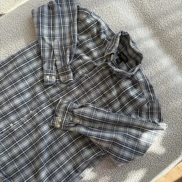 Eddie Bauer Mens Relaxed Fit Plaid Button‎ Down Shirt Blue 100% Cotton Size L